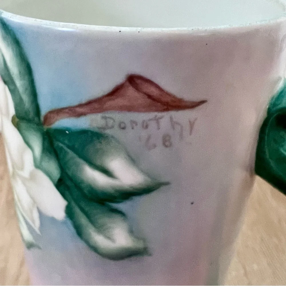 7” Hand Painted Flowers Pitcher Tankard Signed By Artist Dorothy Gunningham 1968